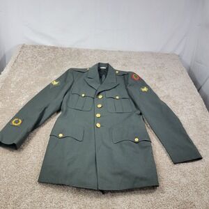 Vintage US‎ Army Green Dress Coat Jacket Military Patches Uniform 38R